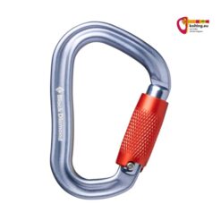 Grau roter Black Diamond Vaporlock Twistlock Karabiner vor weißem Hintergrund.