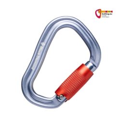 Grau roter Black Diamond Vaporlock Twistlock Karabiner vor weißem Hintergrund.