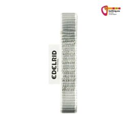 Weiss graue Edelrid PES Express Sling 16mm vertikal auf weißem Hintergrund.