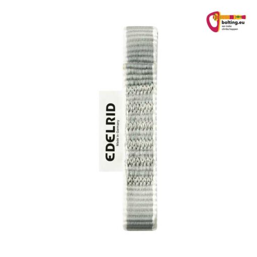 Weiss graue Edelrid PES Express Sling 16mm vertikal auf weißem Hintergrund.