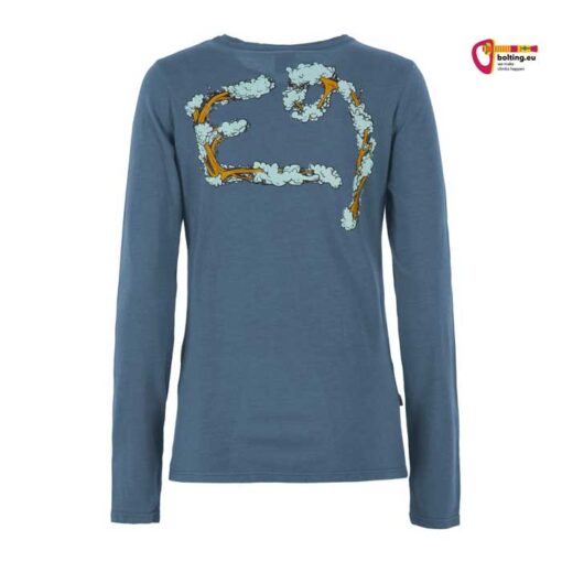 Blaues E9 Fiona Langarm Damen Klettershirt von der Rückseite mit großem Wolken Print.
