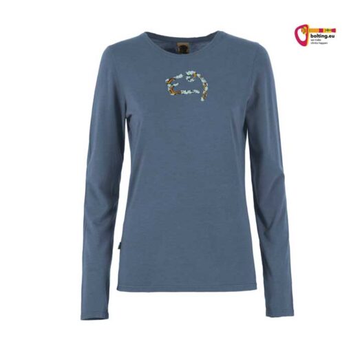 Blaues E9 Fiona Langarm Damen Klettershirt von der Vorderseite mit kleinem Wolken Print.