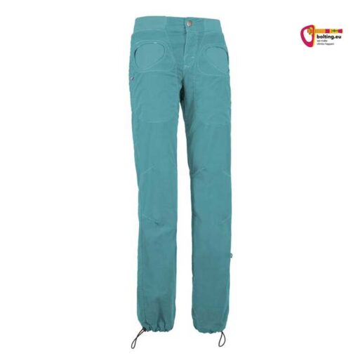 Türkise E9 Onda VS Thymus Damen Kletterhose von der Vorderseite vor weißem Hintergrund.