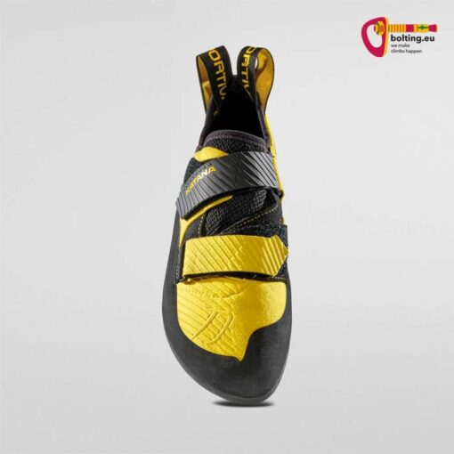 Gelb schwarzer La Sportiva Katana Velcro Allround Kletterschuh von vorne.