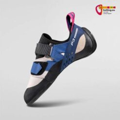 Blau - pink - schwarzer Gelb schwarzer La Sportiva Katana Velcro Woman Allround Frauen Kletterschuh von der Seite.