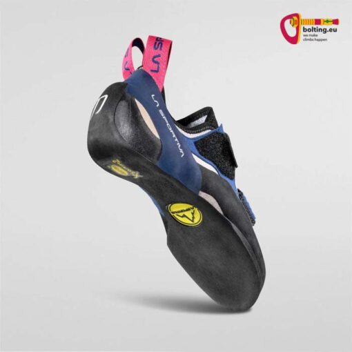 Blau - pink - schwarzer Gelb schwarzer La Sportiva Katana Velcro Woman Allround Frauen Kletterschuh von hinten.