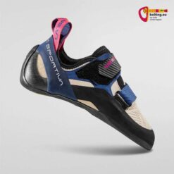 Blau - pink - schwarzer Gelb schwarzer La Sportiva Katana Velcro Woman Allround Frauen Kletterschuh von der Seite.