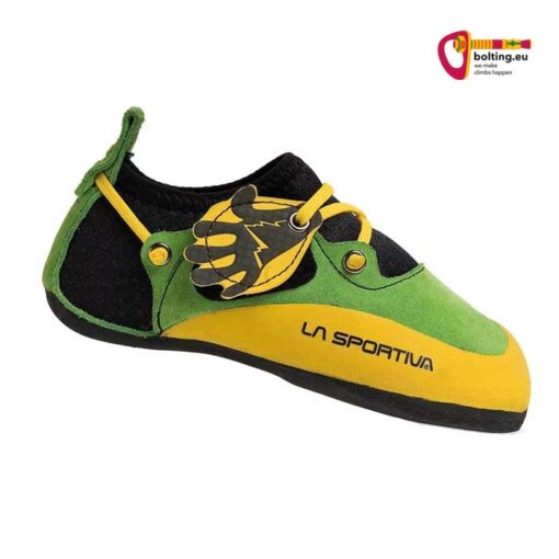 Grün gelber La Sportiva Stickit Kinderkletterschuh von der Seite vor weißem Hintergrund.