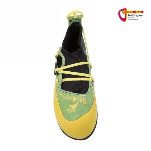 Grün gelber La Sportiva Stickit Kinderkletterschuh von oben vor weißem Hintergrund.