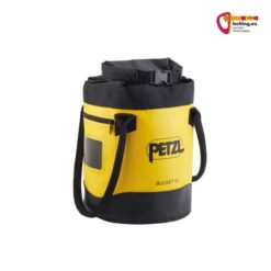 Gelber Petzl Bucket 15 Seiltasche von vorne auf weißem Hintergrund.