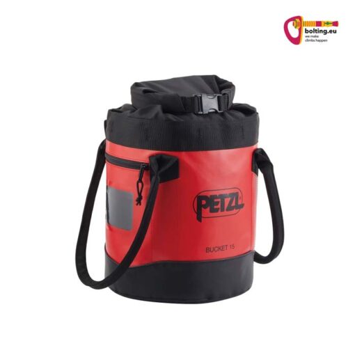 Roter Petzl Bucket 15 Seiltasche von vorne auf weißem Hintergrund.