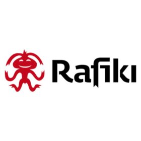 Weißes Quadrat mit dem roten Rafiki Kletterbekleidung Logo und schwarzem Schriftzug.