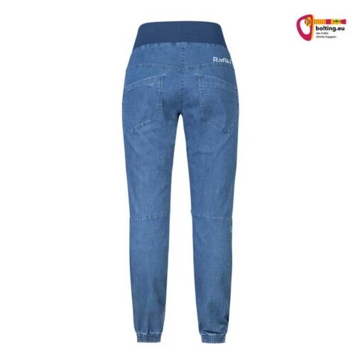 Blaue Rafiki Chain Damen Jeans Kletterhose von der Rückseite auf weißem Hintergrund.