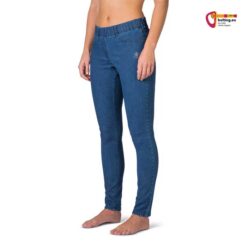 Modell mit freiem Oberkörper von der Seite und Rafiki Evo Lady Jeggings Stretch Kletterhose auf weißem Hintergrund.