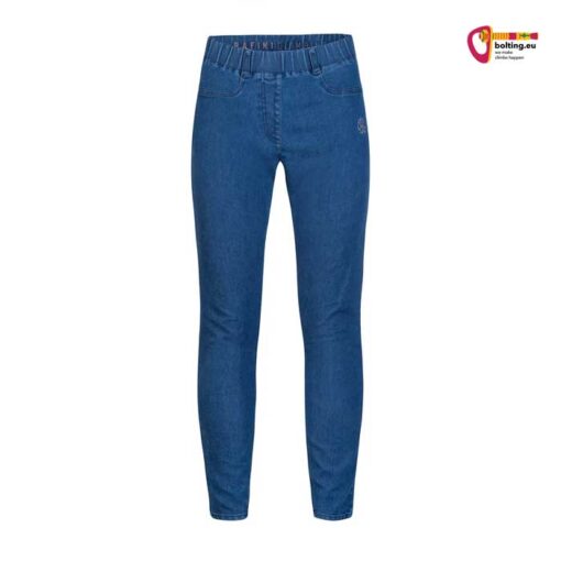 Blaue Rafiki Evo Jeans Kletterhose von vorne auf weißem Hintergrund.