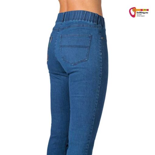 Blaue Rafiki Evo Jeans Kletterhose von der Seite auf weißem Hintergrund.