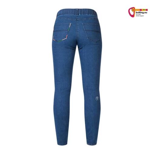 Blaue Rafiki Evo Jeans Kletterhose von der Rückseite auf weißem Hintergrund.