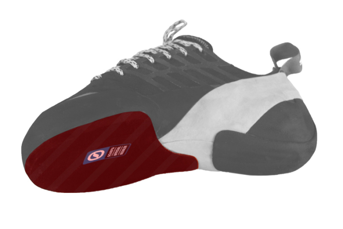 Grafik eines Kletterschuhs mit geteilter Sohle für Besohlung der vorderen Hälfte.