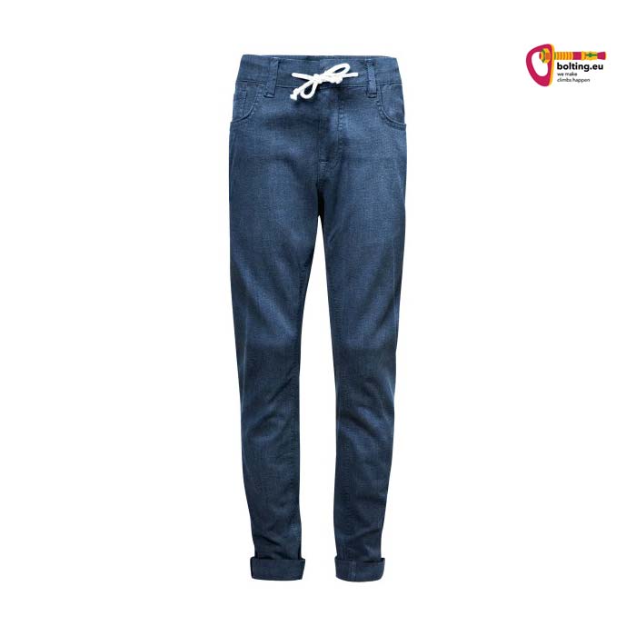 Blaue Chillaz Kinder Kletterhose mit weißem Kordelzug von vorne.