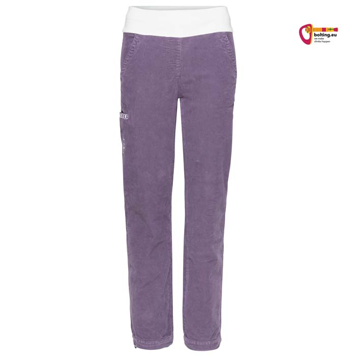Violette Chillaz Sandra 3.0 Kletterhose mit breitem weißen und hochgezogenem Bund.