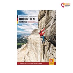 Buntes Cover des Dolomiten Hard Rock Kletterführers mit Kletterer in Felswand.