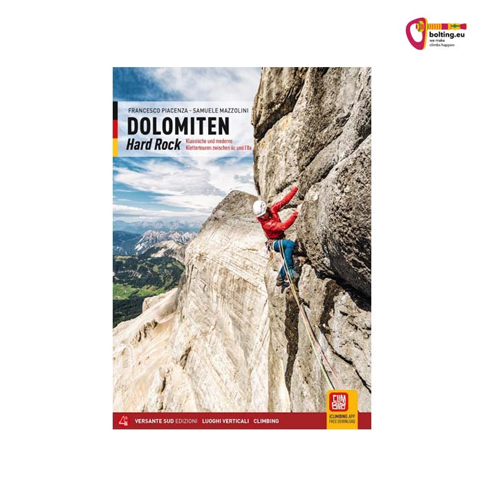 Buntes Cover des Dolomiten Hard Rock Kletterführers mit Kletterer in Felswand.