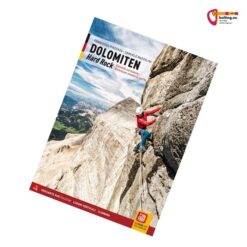 Buntes Cover des Dolomiten Hard Rock Kletterführers mit Kletterer in Felswand.