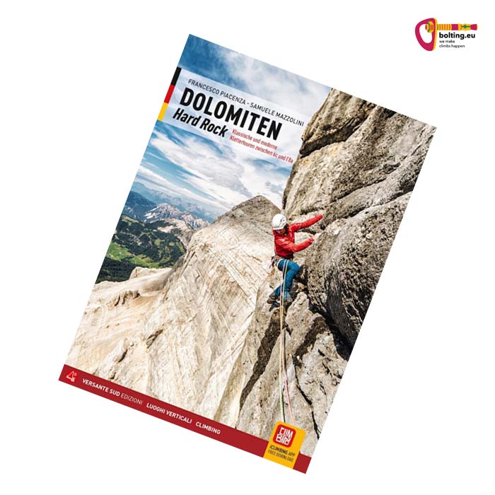 Buntes Cover des Dolomiten Hard Rock Kletterführers mit Kletterer in Felswand.