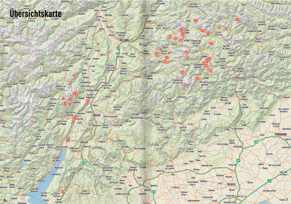 LAndkarte mit den Routen als Kreis mit Nummer des Dolomiten Hard Rock Topos.
