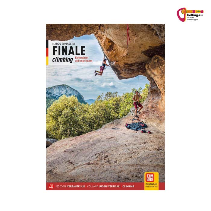 Buntes Cover des Finale Kletterführer mit Klettererin in Überhang.