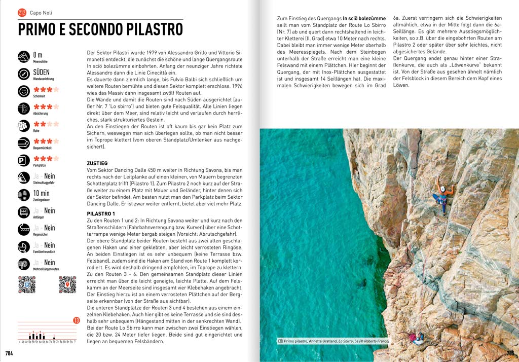 Doppelseite aus dem Finale Kletterfuehrer mit Gebietsinfos links und Kletterbild rechts.