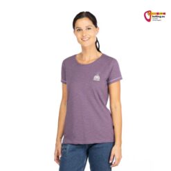 Model mit violettem Chillaz Gandia E Ciao Damen Kletter T Shirt von vorne.