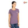 Model mit violettem Chillaz Gandia E Ciao Damen Kletter T Shirt von der Seite.