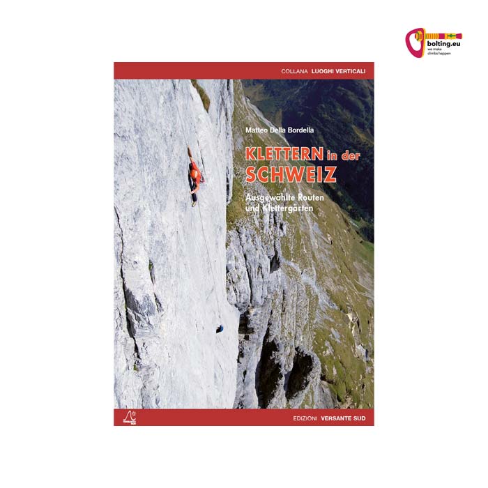 Cover des Kletterführer Schweiz von Versante Sud mit Kletterer in Felswand vor Berglandschaft.