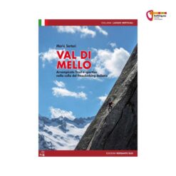 Cover des Val di Mello Kletterführers mit Kletterer auf einer Platte und Bergpanorama.