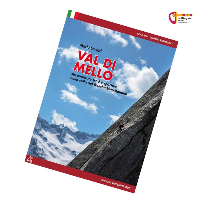 Cover des Val di Mello Kletterführers mit Kletterer auf einer Platte und Bergpanorama.