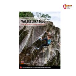 Cover des Valtellina bloc Boulderführers von Versante Sud mit Klettererin an dunklem Felsblock.
