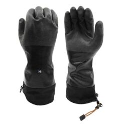 Schwarzes Paar wasserdichte Eiskletterhandschuhe aufrecht von vorne und hinten.