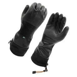 Schwarzes Paar wasserdichte Eiskletterhandschuhe aufrecht von vorne und hinten.