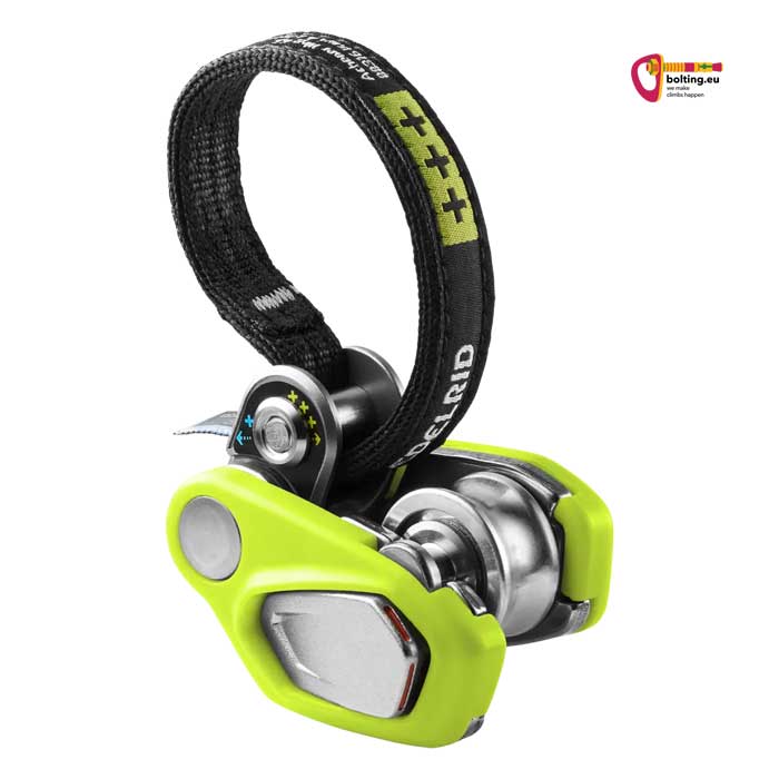 grell grüner Edelrid Bremsassistent schräg von oben mit schwarzer Schlaufe.