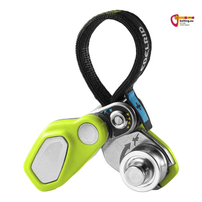 Grell grüner Edelrid Ohmega Bremsassistent für Einfachseile mit schwarzer Schlinge, aufgeklappt von der Seite.