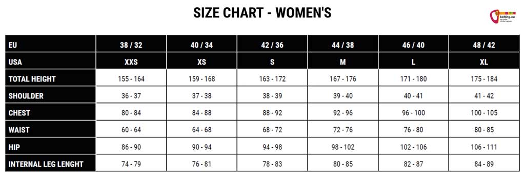 Tabelle mit den Größendetails für La Sportiva Damen Bekleidung.