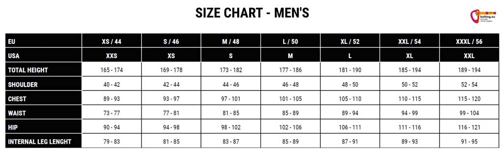 Tabelle mit den Größendetails für La Sportiva Herren Bekleidung.