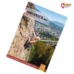 Cover des Kletterführer Innsbruck Rock mit Klettererin im Höttinger Steinbruch, dahinter die Stadt Innsbruck.