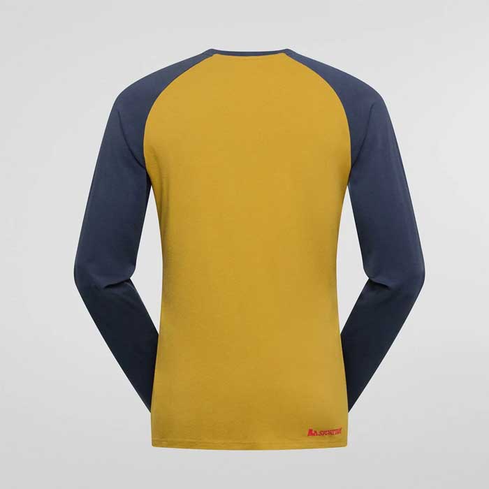 Grau gelbes La Sportiva Circolo Logo Longsleeve Herren Bio Langarm Klettershirt von der Rückseite.