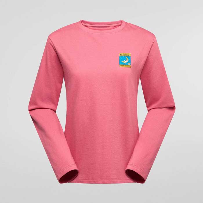Rosa La Sportiva Moon Climb Long Sleeve Damen Bio Langarm Klettershirt von vorne.