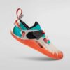 Bunter Kletterschuh für Kleinkinder mit oranger Sohle von der Seite.