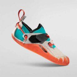 Bunter Kletterschuh für Kleinkinder mit oranger Sohle von der Seite.