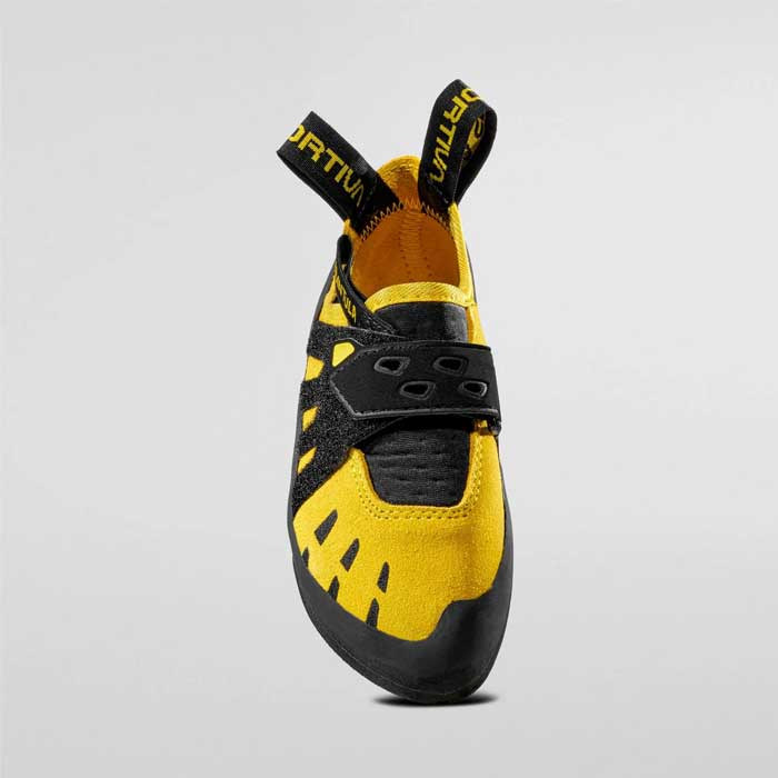 Gelb - schwarzer La Sportiva Tarantula Junior von der Vorderseite gesehen.