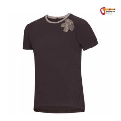 Braunes Ocun Bamboo T Blossom Herren Bouldershirt mit sternenförmiger Blüte am Kragen.